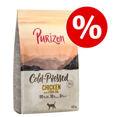 Purizon Cold-Pressed Chicken with Fish Oil macskaeledel, 2,5 kg, 90% prémium összetevő, 10% zöldség, 0% gabona. Akciós százalékjel a csomagoláson.