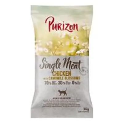 Purizon Single Meat Chicken with Camomile Blossoms, 70 % meat, 30 % fruta, 0 % milho. Embalagem de ração para gatos visível.