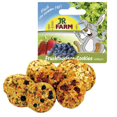 JR Farm Fruchtauslese-Cookies Vollkorn, opakowanie z widocznymi ciastkami oraz ilustracją truskawek, borówek i królika. Tekst na opakowaniu w języku niemieckim.