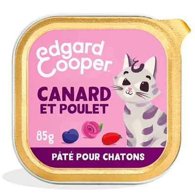 Barquette Edgard Cooper, CANARD ET POULET, 85g, PÂTÉ POUR CHATONS, illustration de chaton et fruits sur l’emballage.