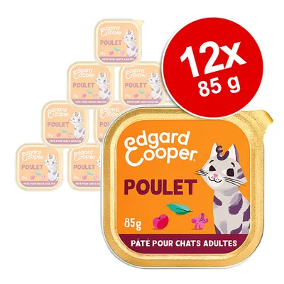 Edgard Cooper Poulet, pâté pour chats adultes, 12 x 85g. Emballage avec image de poulet et texte en français. Edgard Cooper Poulet, pâté pour chats adultes, 12 x 85g. Emballage avec image de poulet et texte en français.