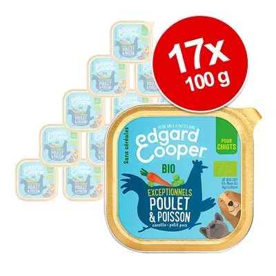 Lot de 17 barquettes Edgard Cooper BIO pour chiots, poulet et poisson, carotte et petit pois, sans céréales, 100 g chacune. Texte visible : exceptionnel, AT-BIO-301, agriculture UE/non-UE.