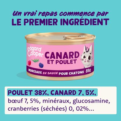 edgard cooper CANARD ET POULET morceaux en sauce pour chatons 85g. Poulet 38 %, canard 7,5 %, bœuf 7,5 %, minéraux, glucosamine, cranberries (séchées) 0,02 %.