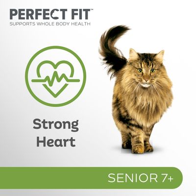 PERFECT FIT Supports Whole Body Health, Strong Heart, SENIOR 7+; zdjęcie kota. Tekst w języku angielskim.