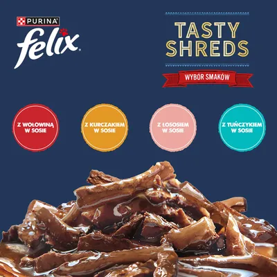 Megapakiet Felix Tasty Shreds, w sosie, 120 x 80 g - Mieszany wybór w sosie