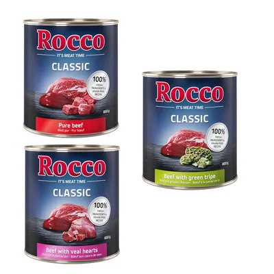 Икономична опаковка: Rocco Classic 24 x 800 г - микс с говеждо: чисто говеждо, говеждо с телешки сърца, говеждо с шкембе