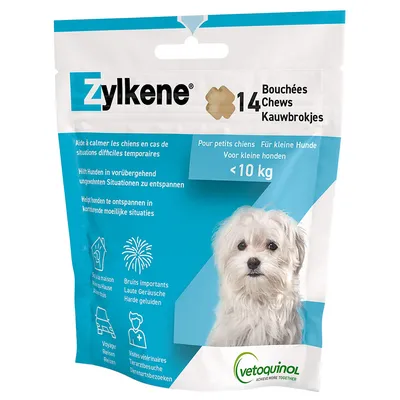 Zylkene 14 bouchées pour petits chiens <10 kg, aide à calmer les chiens en cas de situations difficiles temporaires, marque Vetoquinol. Texte en français, allemand et néerlandais visible.