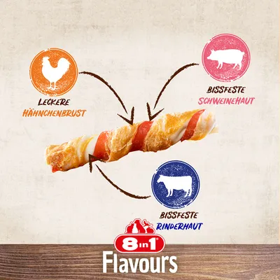8in1 Flavours hundsnack med läcker kycklingbröst, tuggvänlig svinhud och tuggvänlig nöthud. Ingredienser grafiskt markerade.