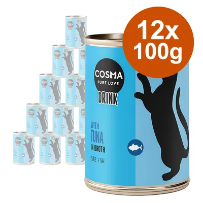 Lot de 12 boîtes Cosma Pure Love Drink, 100 g chacune, avec texte visible : With tuna in broth, Pure fish. Illustration de chat noir sur fond bleu.