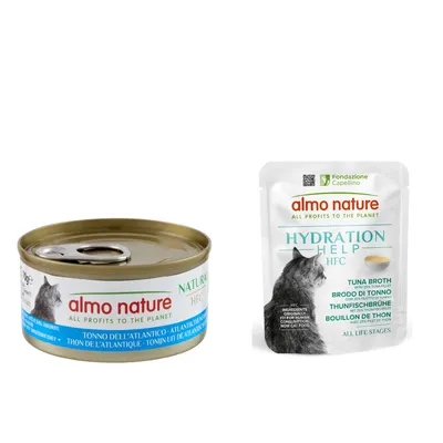 Almo Nature HFC Natural 24 x 70 g + sachets Hydration Help 6 x 50 g offerts ! - thon de l'Atlantique + bouillon de thon avec filet de thon Almo Nature HFC Natural 24 x 70 g + sachets Hydration Help 6 x 50 g offerts ! - thon de l'Atlantique + bouillon de thon avec filet de thon