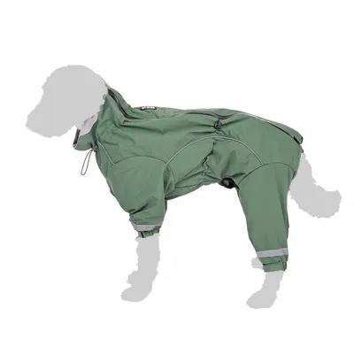 Zelený psí pláštěnka s reflexními pruhy, zipem na zádech a elastickými manžetami na nohách.