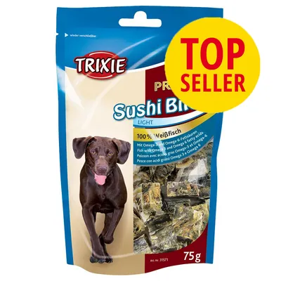 TRIXIE Sushi Bites Light, 100 % Weißfisch, 75 g. Tekst: Mit Omega-3 und Omega-6-Fettsäuren. Stor gul cirkel med rød tekst: TOP SELLER. Billede af hund og synlige godbidder i posen.