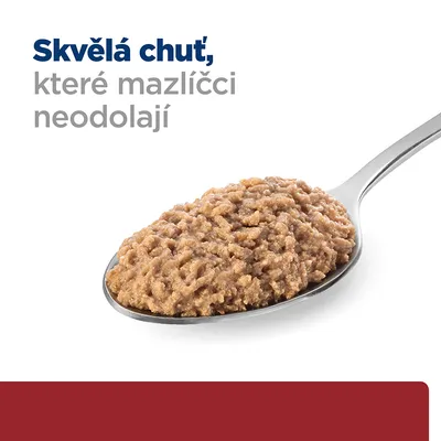 Skvělá chuť, které mazlíčci neodolají (text v češtine) a lyžica s porciou mäsovej paštéty pre domáce zvieratá.