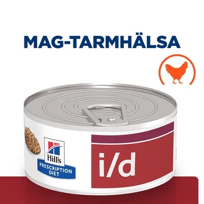 Hill's Prescription Diet i/d våtfoderburk, texten 'MAG-TARMHÄLSA' och en orange siluett av en höna syns ovanför burken.