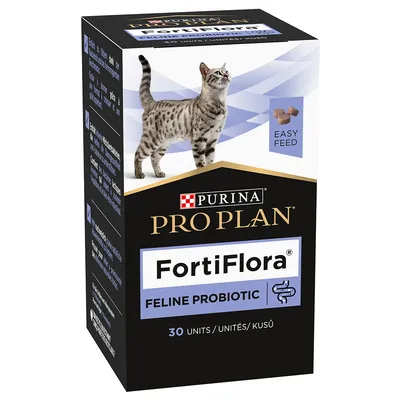 Purina Pro Plan FortiFlora Feline Probiotic, 30 units. Packaging shows a cat and the note 'Easy Feed'.