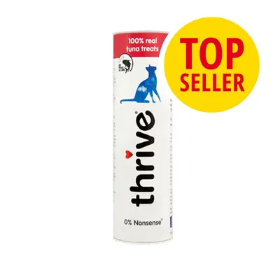 Thrive 100% real tuna treats, 0% nonsense. Top seller badge shown on packaging. Thrive 100% real tuna treats, 0% nonsense. Top seller badge shown on packaging.