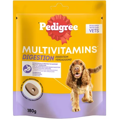 Pedigree MULTIVITAMINS DIGESTION, 180g, s probiotiky, vyvinuto s veterináři. S kuřecím masem. Na obalu pes a tvar pamlsku. Text: Scientifically proven to support healthy digestion. Pedigree MULTIVITAMINS DIGESTION, 180g, s probiotiky, vyvinuto s veterináři. S kuřecím masem. Na obalu pes a tvar pamlsku. Text: Scientifically proven to support healthy digestion.