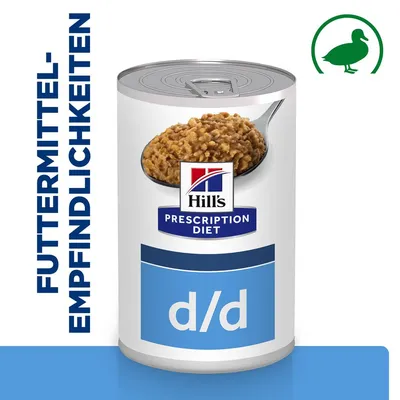 Hill's Prescription Diet d/d Nassfutter für Futtermittel-Empfindlichkeiten, mit Ente. Dose mit Abbildung des Futters und grünem Enten-Symbol.