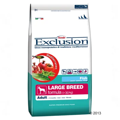 Корм для собак Exclusion Large Breed formula (>30 кг), Fish, Adult >12 месяцев. Видны изображения овощей и рыбы, надписи на английском и итальянском языках.