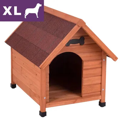Wooden outdoor pet house with pitched roof, open entrance and XL size indicator in top left corner. Wooden outdoor pet house with pitched roof, open entrance and XL size indicator in top left corner.