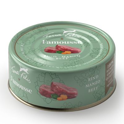 Terra Felis Famousse Nötkött Manzo Beef, 100 % livsmedelskvalitet, bild av köttbitar och grönsaker på burken.
