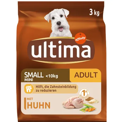 Ultima Adult Small Mini <10kg cu pui, 3kg. Ajută la reducerea formării tartrului. Primul ingredient: pui.