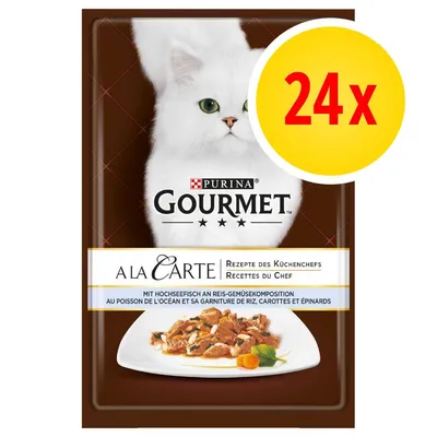Purina Gourmet A la Carte, 24x. Opakowanie karmy dla kotów z widocznym daniem na talerzu i białym kotem. Widoczny napis: Rezepte des Küchenchefs, Recettes du Chef.