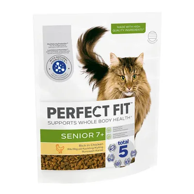 Perfect Fit Senior 7+ hrană pentru pisici, bogată în pui, susține sănătatea cu prebiotice naturale. Total 5: inimă, digestie, celule, piele, vitalitate.