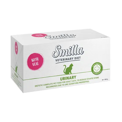 Smilla Veterinary Diet Urinary с телешко, диетична пълноценна храна за възрастни котки за намаляване на струвитни камъни. Разработена с ветеринари, опаковка: 8 x 100 г.