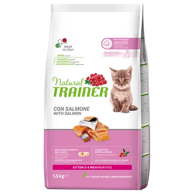 Natural Trainer krmivo pro koťata (1–6 měsíců) s lososem, vyrobeno v Itálii, bez barviv, konzervantů a přidaného cukru. S kvasinkovými nukleotidy a extraktem z brusinek. Natural Trainer krmivo pro koťata (1–6 měsíců) s lososem, vyrobeno v Itálii, bez barviv, konzervantů a přidaného cukru. S kvasinkovými nukleotidy a extraktem z brusinek.