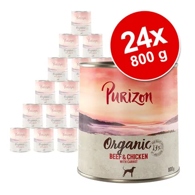 Purizon Organic Beef & Chicken with Carrot, 24 x 800 g burkar. Text på burk: 13 % kött & inälvor. Stor förpackning med våtfoder för hund synlig. Purizon Organic Beef & Chicken with Carrot, 24 x 800 g burkar. Text på burk: 13 % kött & inälvor. Stor förpackning med våtfoder för hund synlig.