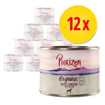 Lot de 12 boîtes Purizon Organic Duck & Chicken with Zucchini, 13 % volaille, pour chien. Texte visible : Purizon, Organic, Duck & Chicken with Zucchini, 13 % volaille.
