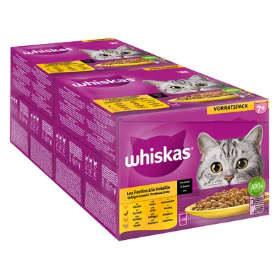 Whiskas forsyningspakke til katte fra 7 år, udvalg af fjerkræ i sauce, 24 portionsposer. 100% afbalanceret ernæring med kylling, and, kalkun og fjerkræ.
