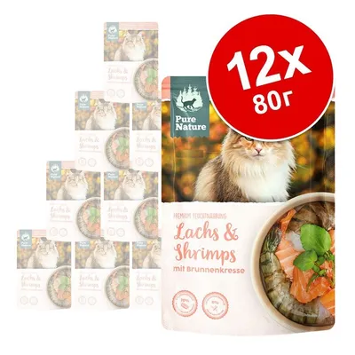Pure Nature Lachs & Shrimps mit Brunnenkresse, 12×80 г паучове за котки. На опаковката има изображение на котка и купа с риба и скариди.