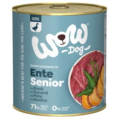 WOW Dog Ente Senior natvoer voor honden, 71% vlees en bijproducten, 0% granen en gluten, afbeelding van eendenvlees en zoete aardappel op het etiket. Made in Austria.