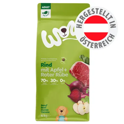 Rind mit Apfel + Roter Rübe, 70% tierisches Protein, 30% pflanzliche Zutaten, 0% Getreide, hergestellt in Österreich, 6 kg Beutel, Adult, Made in Austria