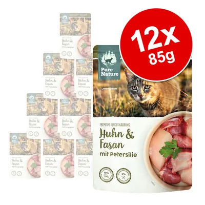 Pure Nature Premium vlhké krmivo pre mačky, kuracie a bažantie s petržlenom, 12x85g. 70 % podiel mäsa, bez umelých prísad.
