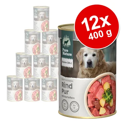 Pure Nature Senior (10+) Rind Pur mit Kartoffeln, 12 x 400 g dåser. Billede af dåse med oksekød og kartofler på etiketten.