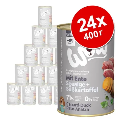Консерва WOW Mit Ente, Seealge + Süßkartoffel, 24×400 г. Видими съставки: патешко месо, водорасли, сладък картоф. Текст на немски и английски език.