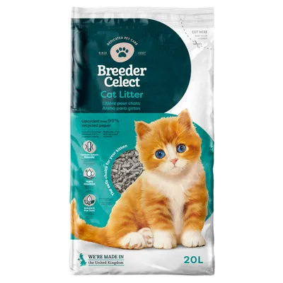 Breeder Celect άμμος για γάτες, από 99% ανακυκλωμένο χαρτί, απορροφητική, δεσμεύει οσμές, φυσική και μη τοξική. Made in the United Kingdom. Μέγεθος συσκευασίας: 20L.