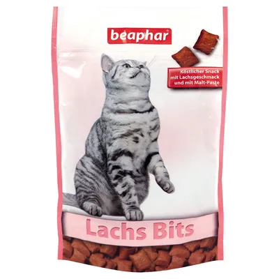 Beaphar Lachs Bits. Chutný snack s príchuťou lososa a maltovou pastou, na obale je sivá mačka a snacky.