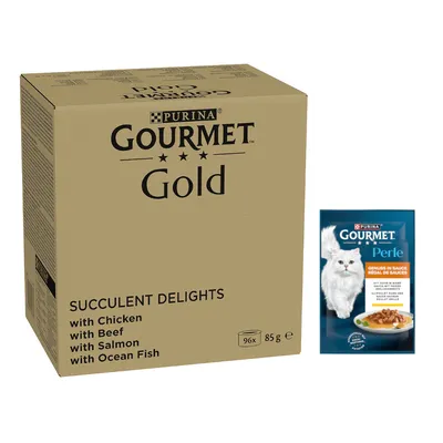 96 x 85 g Gourmet Gold + 26 x 85 g Perle szószos élvezet csirke ingyen - Gold Succulents Delight Csirke, tengeri hal, marha, lazac 96 x 85 g Gourmet Gold + 26 x 85 g Perle szószos élvezet csirke ingyen - Gold Succulents Delight Csirke, tengeri hal, marha, lazac