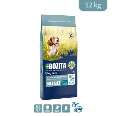 Bozita Original Adult Sensitive/Sensibel agnello e riso, 12 kg. 23% proteine, 12% grassi, supporta il sistema immunitario, la digestione e contiene Omega-3 e -6. Made in Sweden.