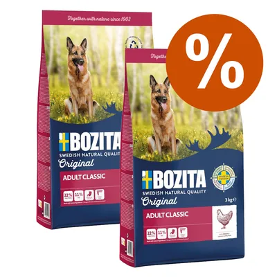 Bozita Adult Classic hrană uscată pentru câini, calitate suedeză, 3kg, cu pui, 22% proteină, 11% grăsime. Fabricat în Suedia. Ofertă cu semn procent.