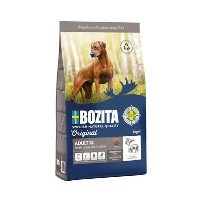 Bozita Adult XL med lam, 3 kg. Hvedefri, 22% protein, 11% fedt. Fremstillet i Sverige. Velegnet til store hunde. Swedish Natural Quality Original.