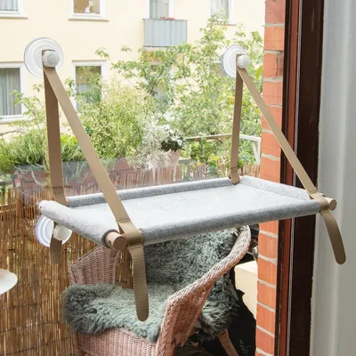 Plateforme grise pour chat fixée à une fenêtre par quatre ventouses et deux sangles beiges, structure en tissu et plastique, sans animal visible.