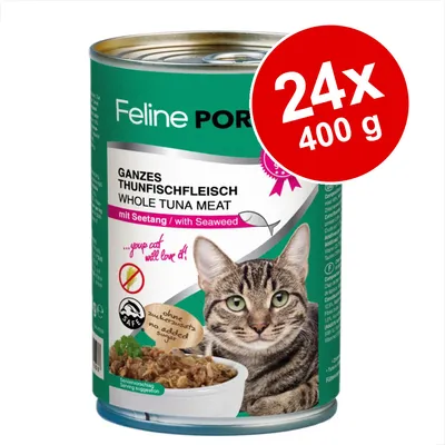 Feline Porta kattmat, hel tonfisk med sjögräs, 24x400 g. Text: 'no added sugar', 'whole tuna meat', 'mit Seetang / with Seaweed'. Bild på katt och skål med mat.