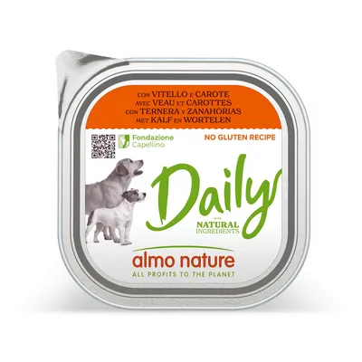 Almo Nature Daily med kalv och morötter, glutenfri sammansättning, naturliga ingredienser. Fondazione Capellino, all vinst till planeten. Almo Nature Daily med kalv och morötter, glutenfri sammansättning, naturliga ingredienser. Fondazione Capellino, all vinst till planeten.