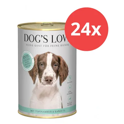 Dog's Love Hundefutter, hypoallergen, mit 60% Ente, Topinambur und Karotte. Made in Austria. Packung mit 24 Dosen. Dog's Love Hundefutter, hypoallergen, mit 60% Ente, Topinambur und Karotte. Made in Austria. Packung mit 24 Dosen.