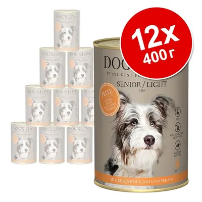 DOG'S LOVE Senior/Light 10+ с пуйка, тиквички и жълт кантарион, комплект 12×400 г консерви за кучета. Видими надписи: без зърнени, произведено в Австрия, ниско съдържание на мазнини.